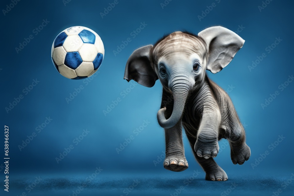 Funny playful baby elephant running after a soccer ball. Blue background with copy space. Minimal art fantasy concept of playing game of European football, kids' recreation, joy and sport activities . Funny playful baby elephant running after a soccer ball. Blue background with copy space. Minimal art fantasy concept of playing game of European football, kids' recreation, joy and sport activities .