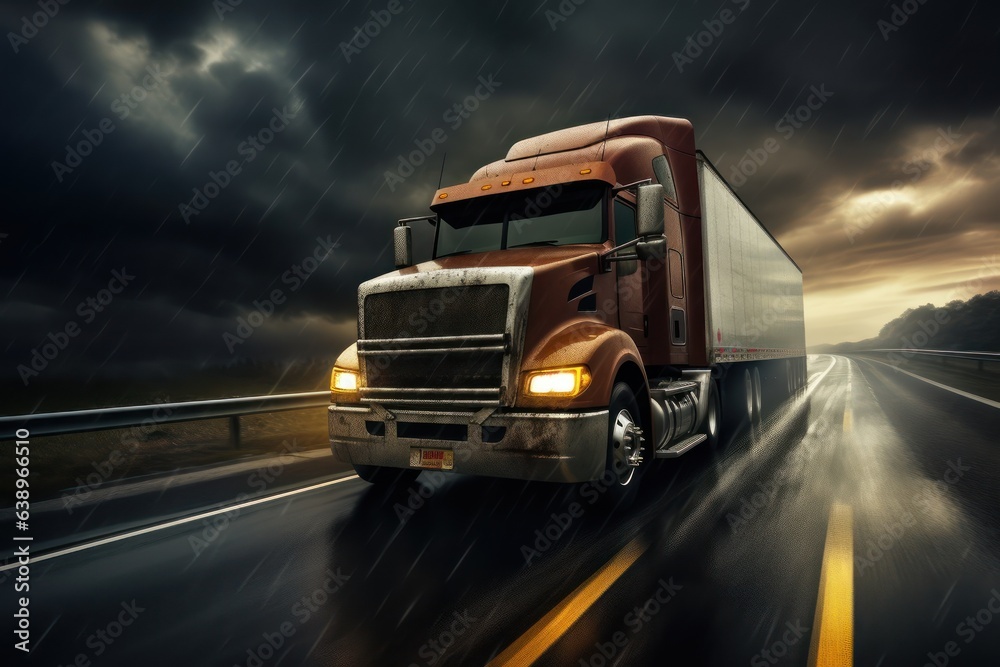 Truck driving on the asphalt road in rural landscape with dark clouds. Rainy evening road.