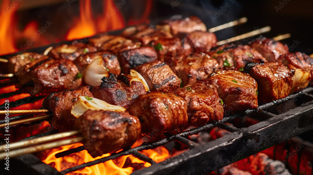 Meat prepared on coals in a barbecue. Shashlik. Generative AI Meat prepared on coals in a barbecue. Shashlik. Generative AI