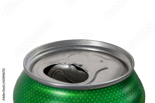 Open can of beer closeup isolated on white background photo