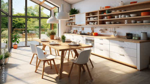 Scandinavian kitchen design with white chairs adjacent and numerous dishes and utensils on light kitchen furniture. Generative AI
