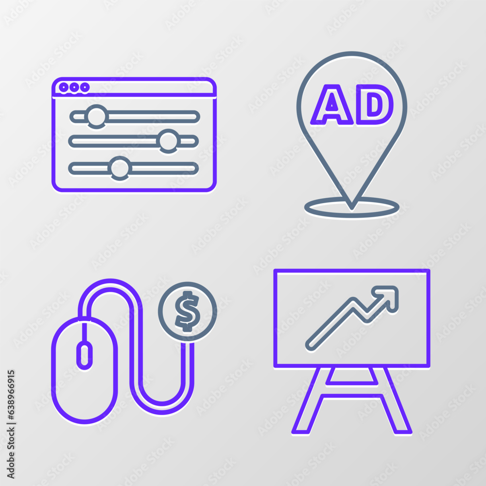 Set line Board with graph chart, Advertising, and Browser setting icon. Vector Set line Board with graph chart, Advertising, and Browser setting icon. Vector