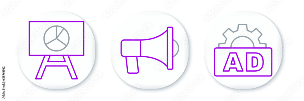 Set line Advertising, Board with graph chart and Megaphone icon. Vector Set line Advertising, Board with graph chart and Megaphone icon. Vector