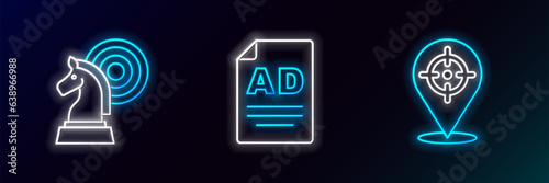 Set line Target, Chess and Advertising icon. Glowing neon. Vector