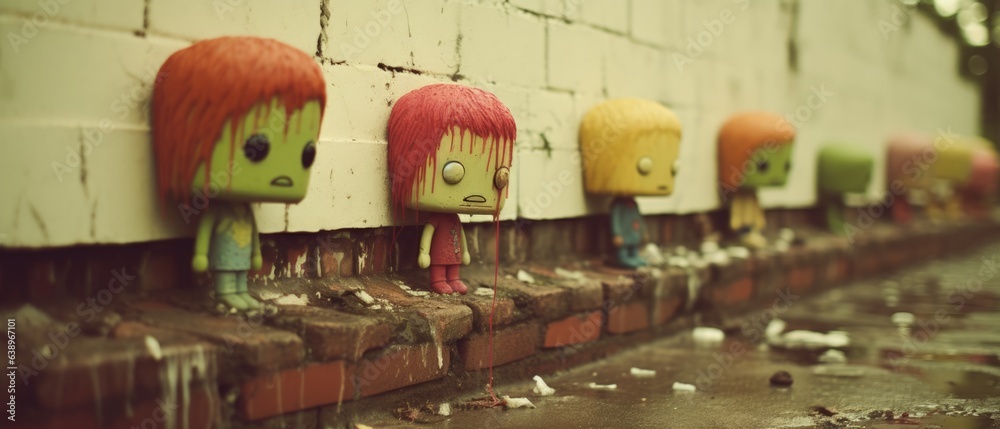 Small zombie voodoo dolls on a urban brick wall, creepy and distressing, ward off evil, strange faces, wild hair, weird crafted art - generative AI