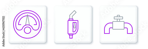 Set line Metallic pipes and valve, Motor gas gauge and Gasoline pump nozzle icon. Vector