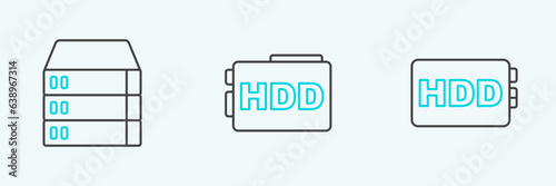 Set line Hard disk drive HDD, Server, Data, Web Hosting and icon. Vector