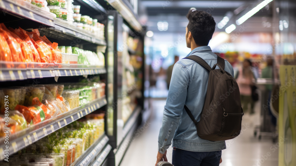 Man stands in a grocery market picking out groceries