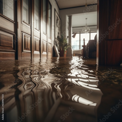 Flooded floor at home. Generative AI