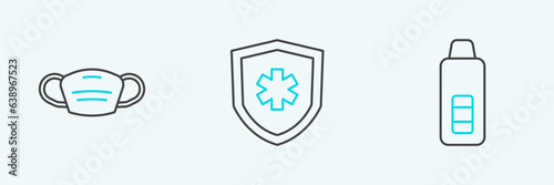 Set line Digital thermometer, Medical protective mask and Life insurance icon. Vector