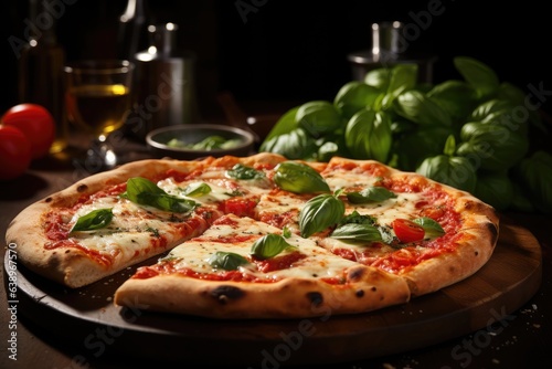 Slim of fresh margherita pizza, melted cheese, cozy pizzeria environment., generative IA
