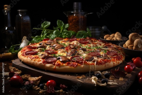 Hot pizza with varied toppings in a picturesque pizza environment., generative IA