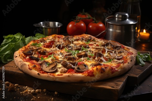 Hot pizza with varied toppings in a picturesque pizza environment., generative IA