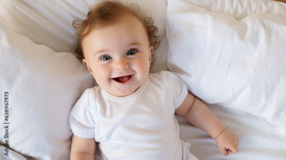 Cute adorable baby smiling on white bed sheets background, copy space Cute adorable baby smiling on white bed sheets background, copy space