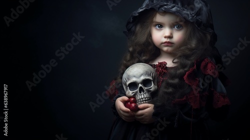 Cute beautiful baby girl in Halloween witch or dark princess costume holding a toy skull isolated on black background, with copy space.