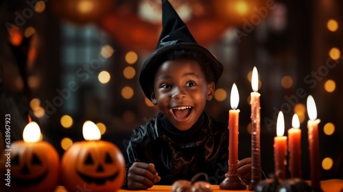 Print op canvas Little cute happy boy in wizard costume with candles in front, fun and amusement expression on face,  celebrating halloween pumpkin party on decorated background