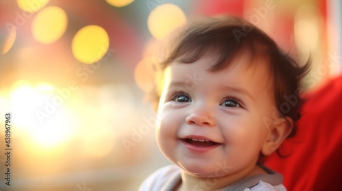 happy cute kid with smile and curious expression on face, isolated on blurred background, with copy space.
