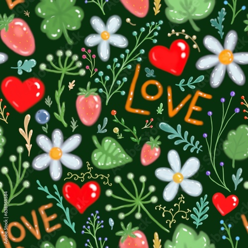 love lettering text flowers berries leaves abstract pattern background fabric fashion design print apparel digital illustration art texture textile wallpaper colorful image