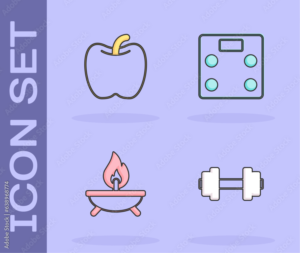 Set Dumbbell, Apple, Aroma candle and Bathroom scales icon. Vector