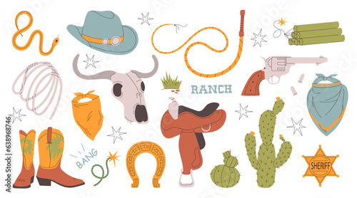Wild west set. Various objects. Cowboy theme. Cute set of cowboy elements with cactus hat whip snake boots skull horseshoe saddle revolver. Hand drawn colored Vector set. All elements are isolated