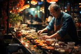 Sushiman skilled in Tokyo creates gastronomic art under vibrant neoons., generative IA