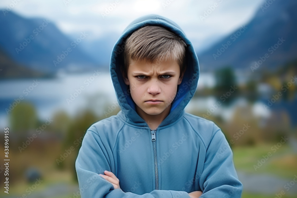 Poster Print Anger European Boy In Blue Hoodie On Nature Landscape Background 40x26.7 cm
