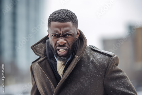 Anger African Man In Gray Coat On City Background. Сoncept Anger Management, African Male Empowerment, Gray Coat Styles, Urban Lifestyle photo