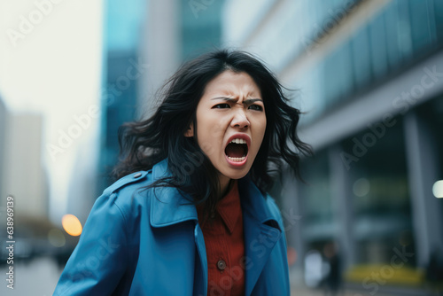 Anger Asian Woman In Blue Coat On City Background. Сoncept Asian Womens Empowerment, Anger In Asian American Communities, Mental Health Stigma, Wearing Blue For Change