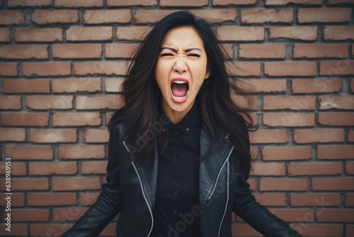 Anger Asian Woman In Black Blazer On Brick Wall Background. Сoncept Asian Female Empowerment, Anger Management Strategies, Businesswear Style Tips, The Power Of Brick Wall Aesthetics