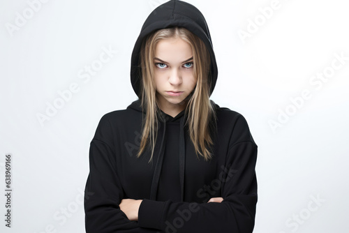 Anger European Girl In Black Hoodie On White Background. Сoncept Expressing Anger Through Body Language, European Women In Fashion, The Power Of The Hoodie, White Backgrounds In Photography
