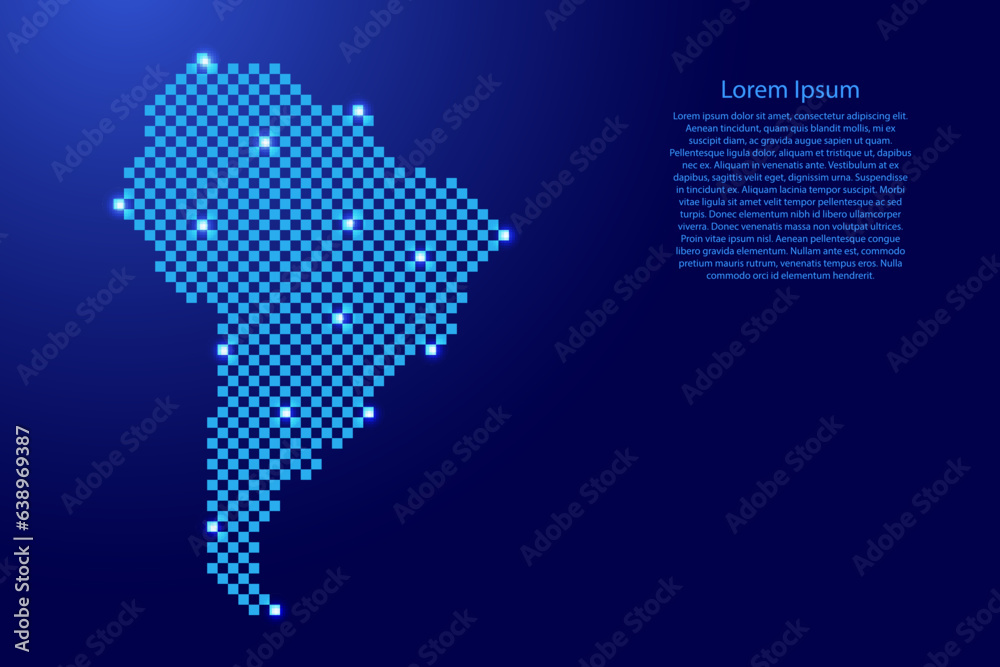 South America map from futuristic blue checkered square grid pattern and glowing stars for banner, poster, greeting card