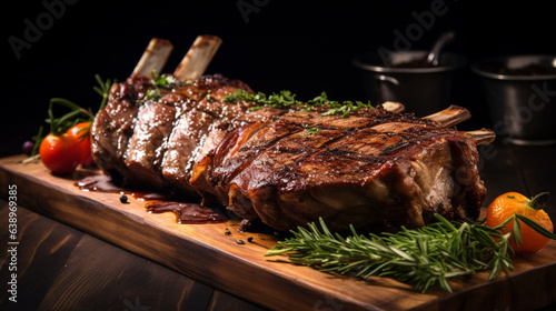 veal rack in one piece with dark brown gravy on a wood, generative ai