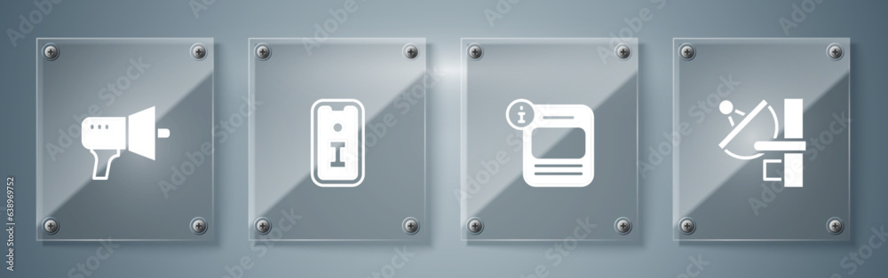Set Radar, Information, and Megaphone. Square glass panels. Vector Set Radar, Information, and Megaphone. Square glass panels. Vector