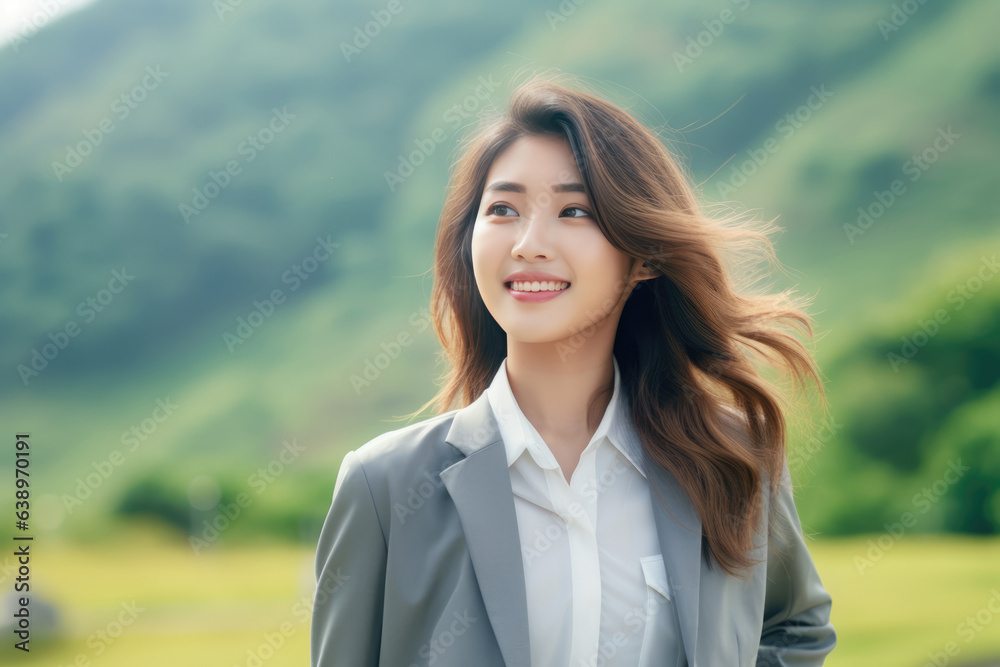 A Woman With Long Hair Wearing A Gray Suit. Сoncept Working Women, Professional Attire, Peacock Styles, Hair Upkeep