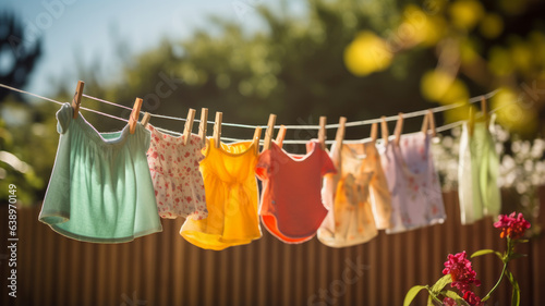 After being washed  childrens colorful clothing dries on a clothesline in the yard outside in the sunlight.