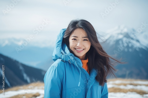 Happiness Asian Girl In Blue Jacket On Mountain Scenery Background. Сoncept Happiness, Asian Girls, Blue Jackets, Mountain Scenery © Anastasiia