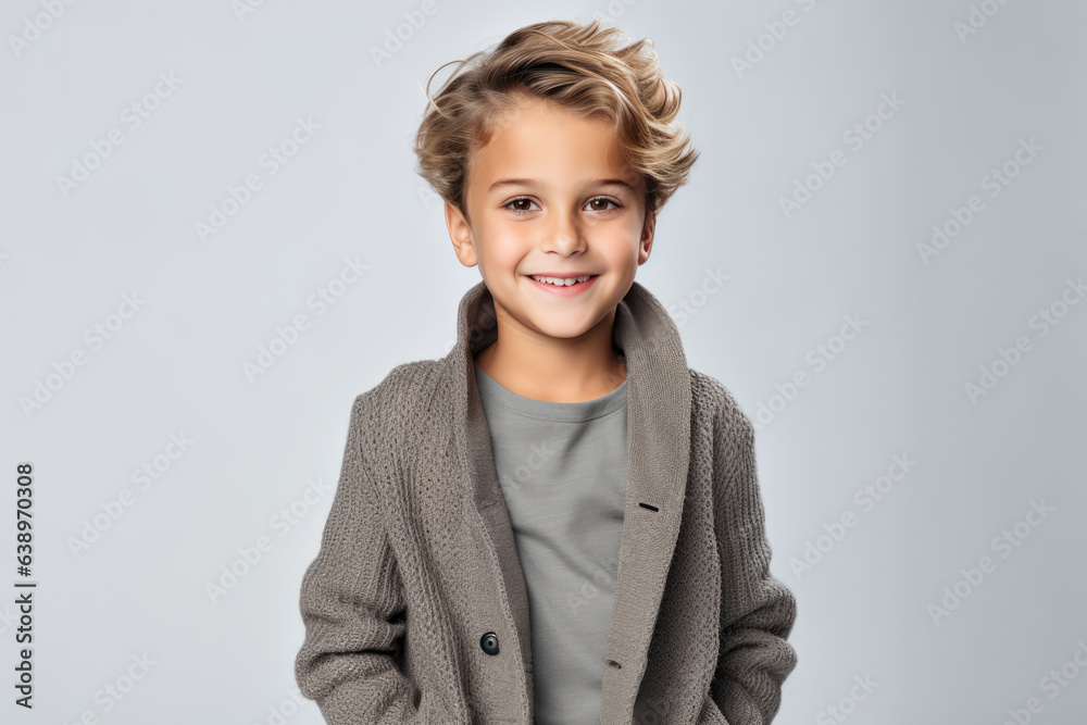Happiness European Boy In Gray Cardigan On White Background. Сoncept Happiness, European Boy, Gray Cardigan, White Background Happiness European Boy In Gray Cardigan On White Background. Сoncept Happiness, European Boy, Gray Cardigan, White Background