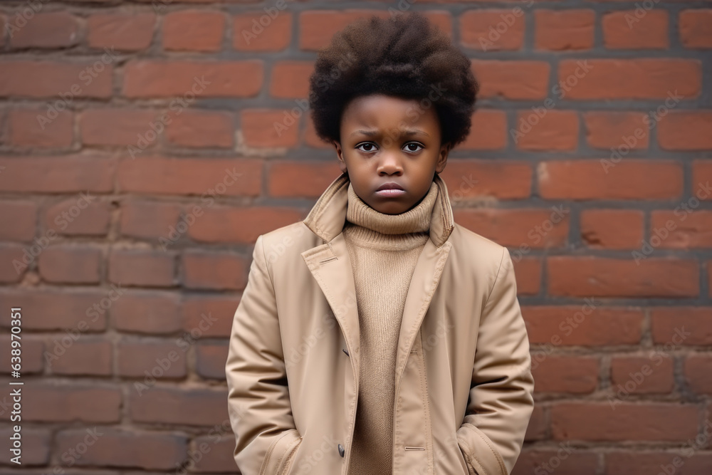 Sadness African Boy In Beige Jacket On Brick Wall Background . Сoncept The Power Of Imagery, Sadness In African Boyhood, The Importance Of Representation, Beige As A Subtle Statement Sadness African Boy In Beige Jacket On Brick Wall Background . Сoncept The Power Of Imagery, Sadness In African Boyhood, The Importance Of Representation, Beige As A Subtle Statement