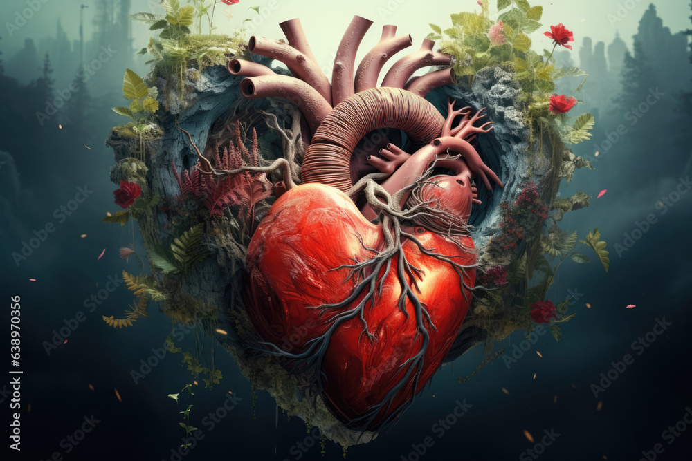 Painting Of A Human Heart Surrounded By Leaves And Flowers. Сoncept ...