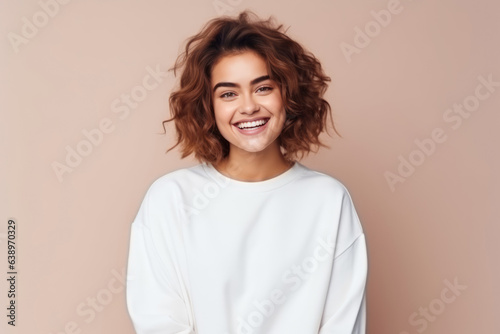 Happiness European Woman In White Sweatshirt On Pastel Background. Сoncept Flourishing Femininity, Euphoric Empowerment, Optimistic Outlooks, Comfortable Comfortwear