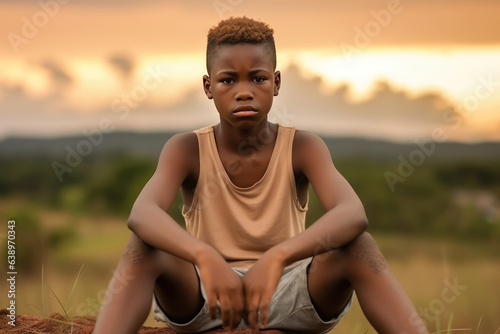 Sadness African Boy In Beige Tank Top On Nature Landscape Background. Сoncept Sadness, African Boy, Beige Tank Top, Nature Landscape