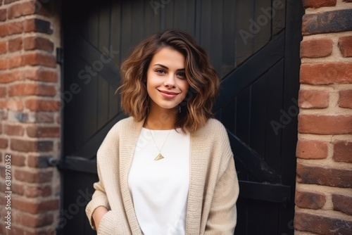 Happiness European Woman In Beige Cardigan On Brick Wall Background. Сoncept Happiness, European Women, Beige Cardigan, Brick Wall Photography