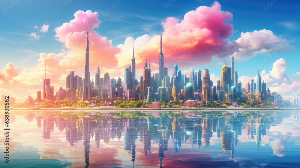 Naklejka premium A wallpaper depicting a futuristic, colorful New York with numerous skyscrapers, generative AI