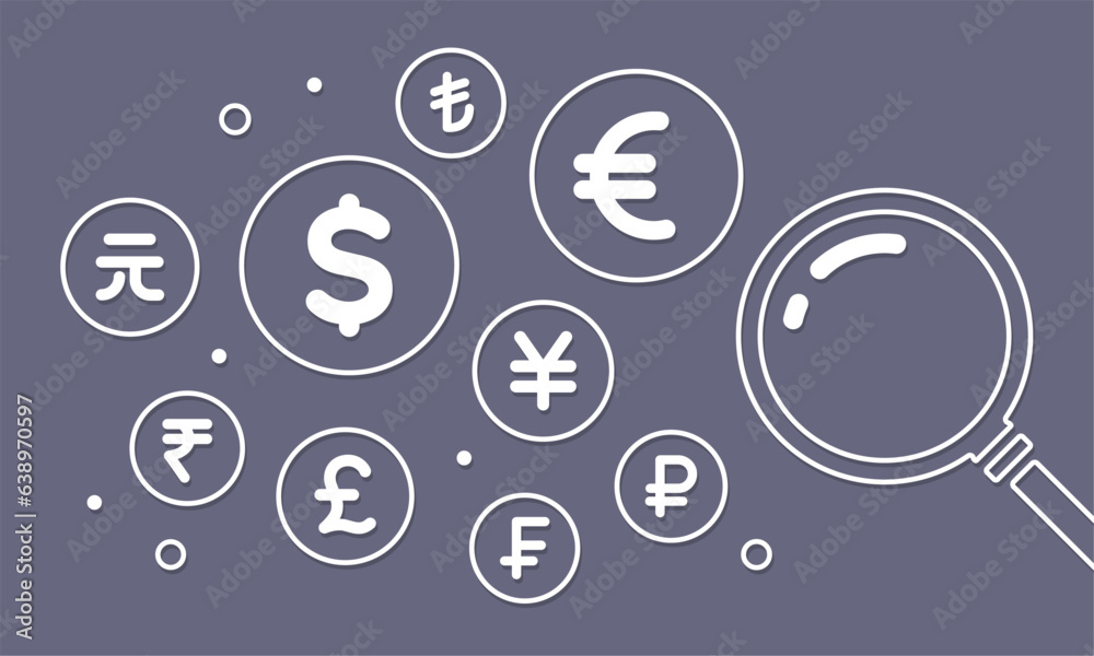 虫メガネと世界各国の通貨 記号 マーク 虫メガネと世界各国の通貨 記号 マーク