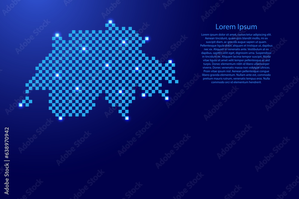 Switzerland map from futuristic blue checkered square grid pattern and glowing stars for banner, poster, greeting card