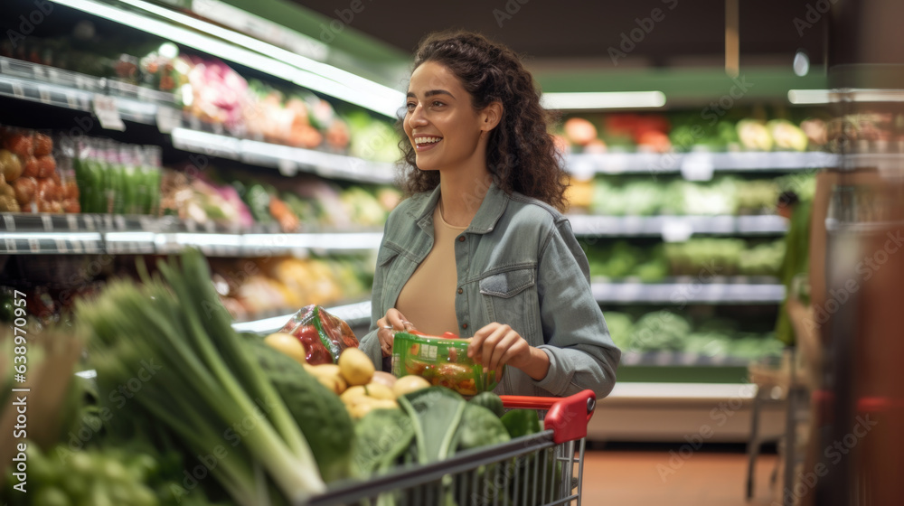 Woman stands with a grocery cart in a store picking out groceries