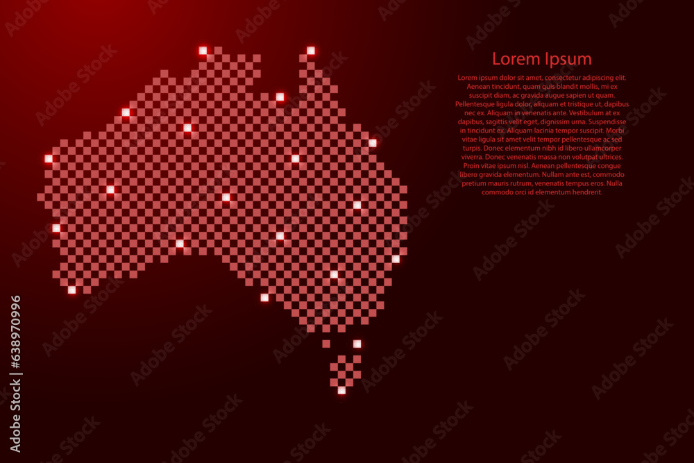 Australia map from futuristic red checkered square grid pattern and glowing stars for banner, poster, greeting card