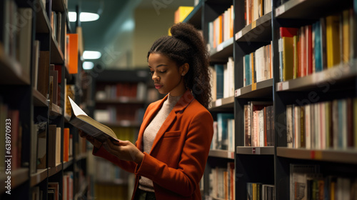 Female student reading book near shelves in library