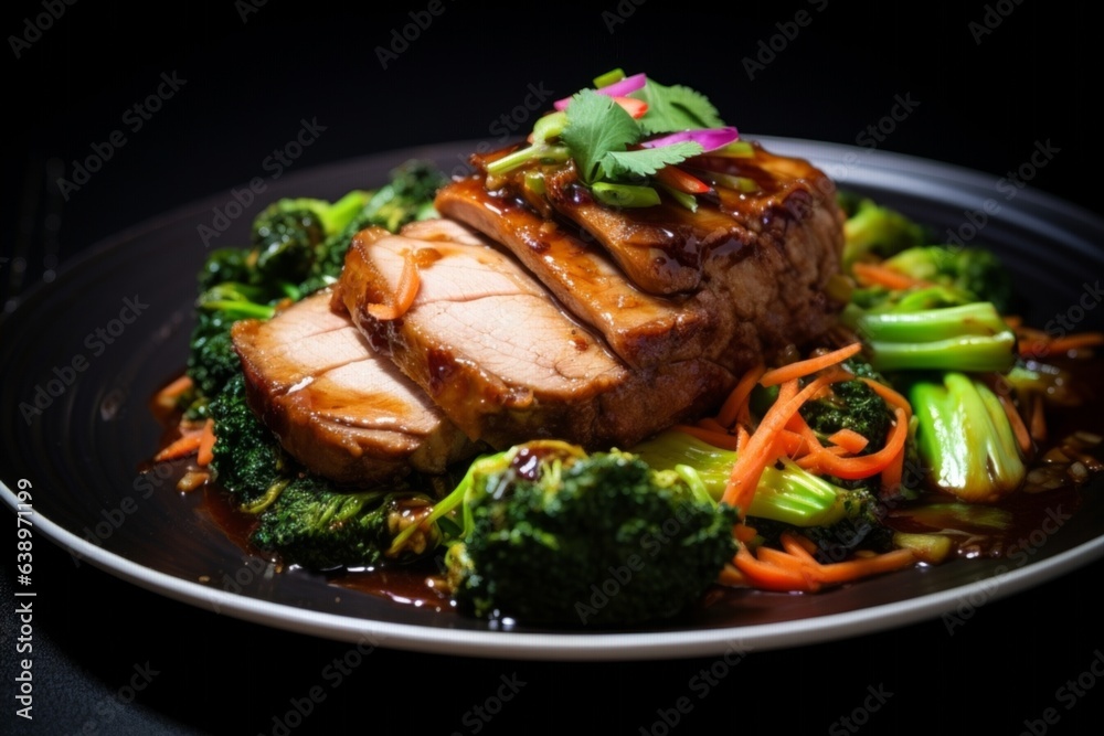 braised pork glistening in a honey glaze atop a bed of steamed white rice, surrounded by vibrant green vegetables