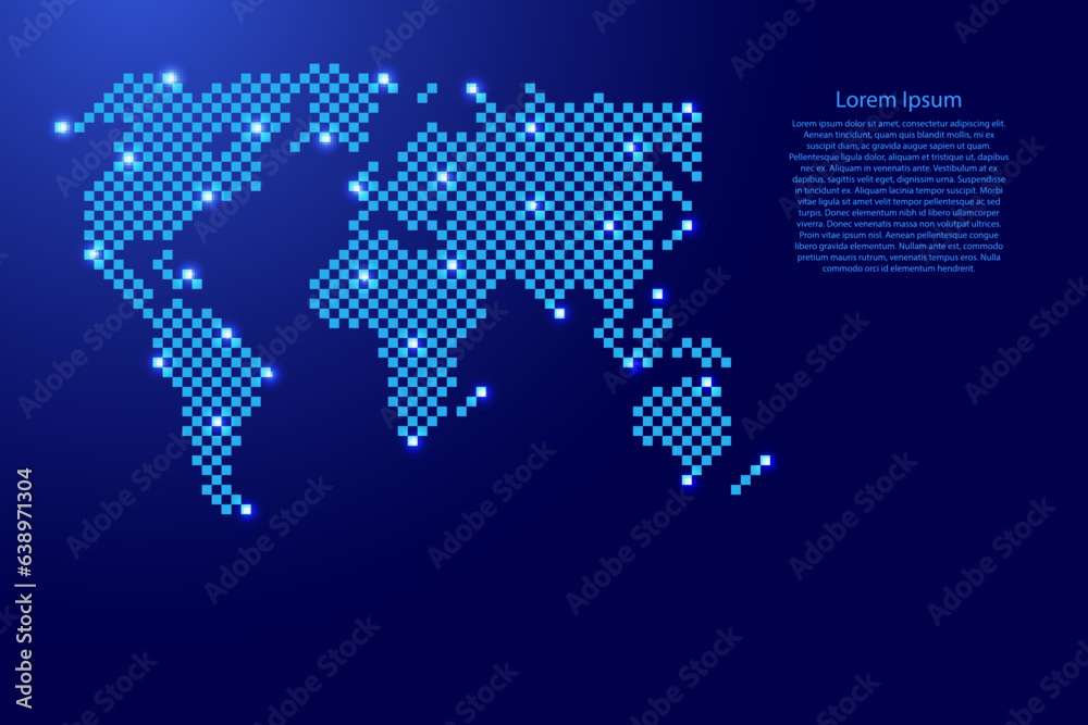 World map from futuristic blue checkered square grid pattern and glowing stars for banner, poster, greeting card